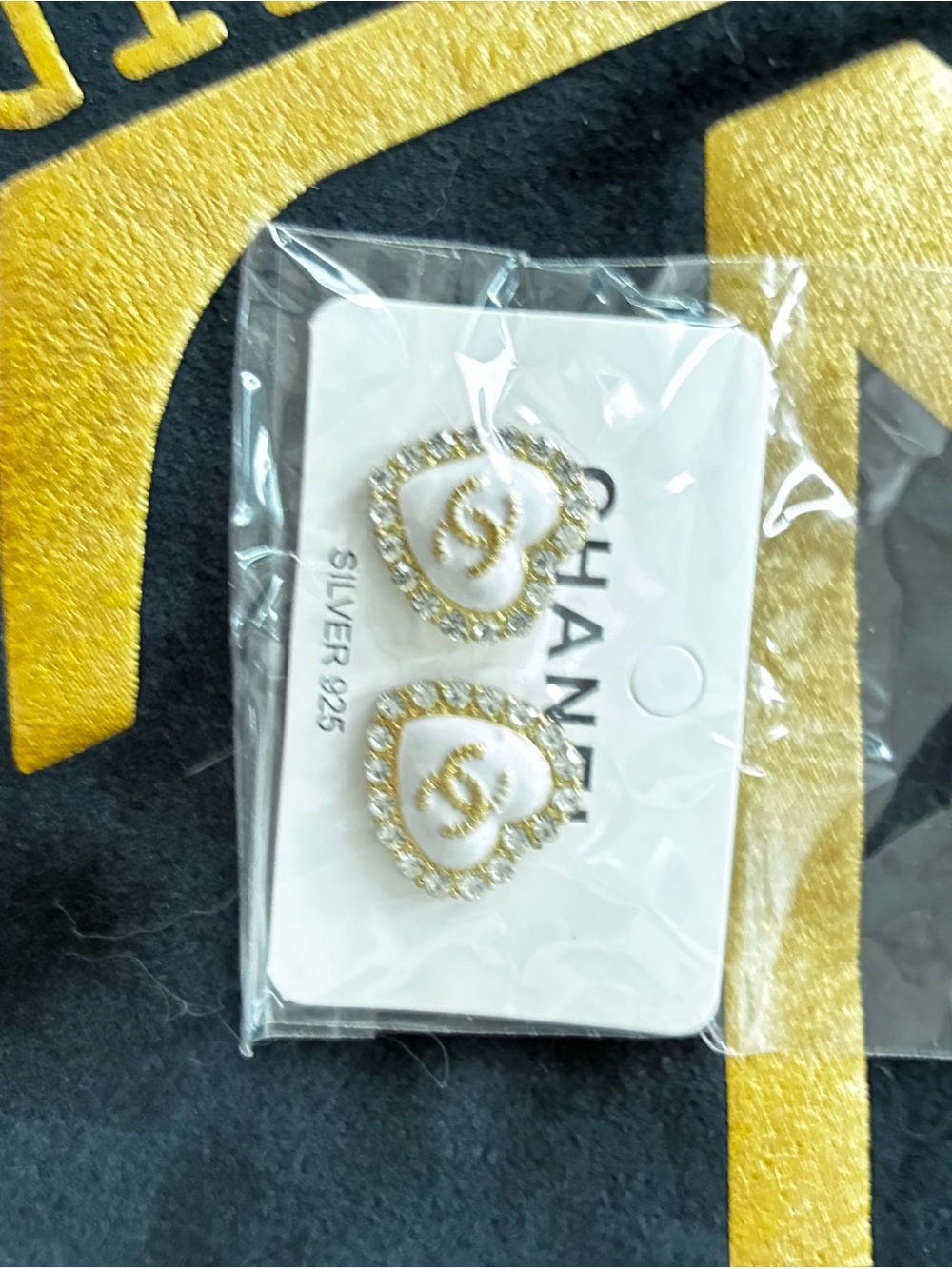 Gold and White Heart Logo Crystal Stud Earrings